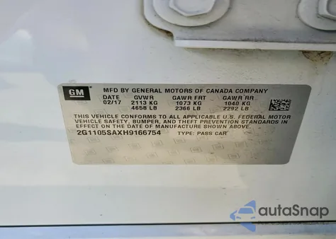 2017 Chevrolet Impala Lt z USA, uszkodzony, nr VIN 2G1105SAXH9166754